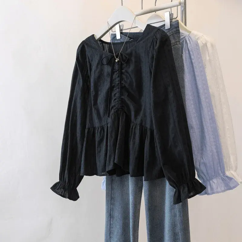 Plus Size Slimming Drawstring V-Neck Shirt Women's Bubble Sleeve Top French Style Autumn New Arrival Cover Belly