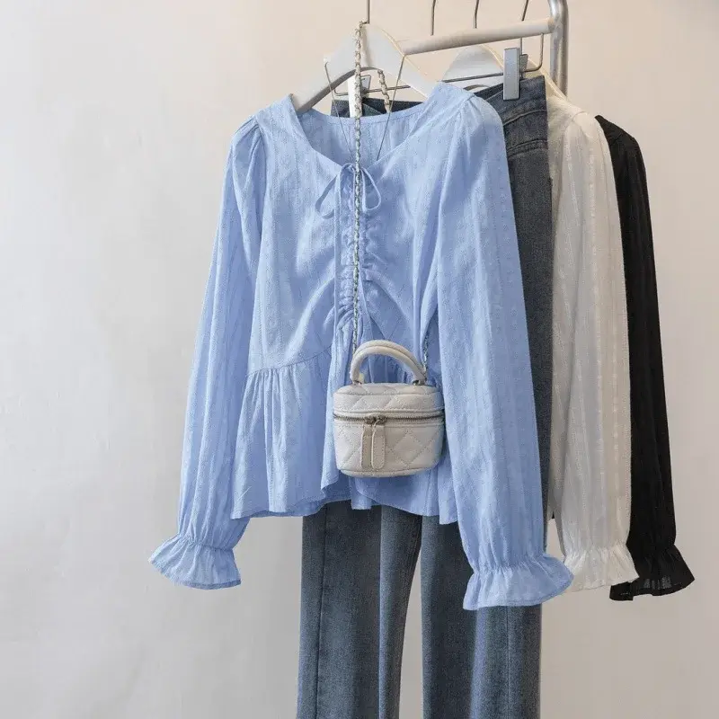 Plus Size Slimming Drawstring V-Neck Shirt Women's Bubble Sleeve Top French Style Autumn New Arrival Cover Belly