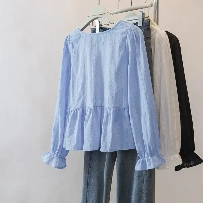 Plus Size Slimming Drawstring V-Neck Shirt Women's Bubble Sleeve Top French Style Autumn New Arrival Cover Belly
