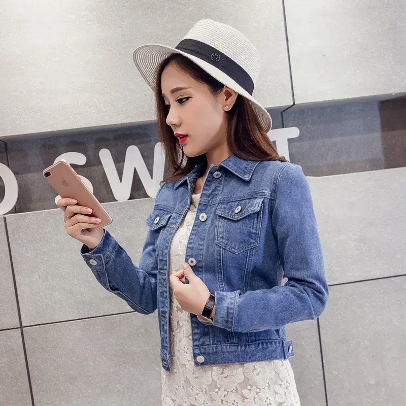 Spring Autumn 2024 New Loose-Fit Korean Candy Colored Slims Smooths Your Silhouette Long Sleeve Denim Jacket Women's Cropped Top