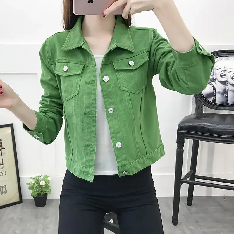 Spring Autumn 2024 New Loose-Fit Korean Candy Colored Slims Smooths Your Silhouette Long Sleeve Denim Jacket Women's Cropped Top