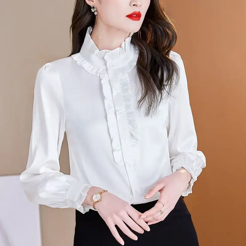 2024 Spring New Women's Shirt Wood Ear Collar Edge Ruffle Top Simulation Silk Stand Collar Slim Fit Shirt High End Stylish