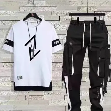 Men's Summer Thin Short Sleeve Casual Trousers Sport Suit Loose Fit Half Sleeve Tee Shirt One Set Chinese Mainland Origin