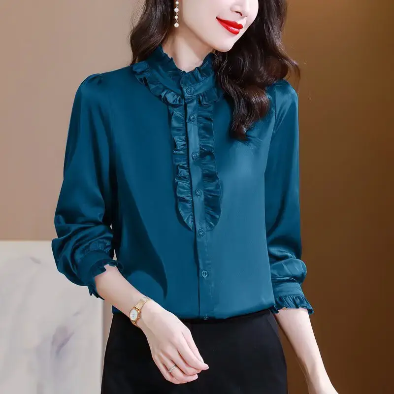 2024 Spring New Women's Shirt Wood Ear Collar Edge Ruffle Top Simulation Silk Stand Collar Slim Fit Shirt High End Stylish