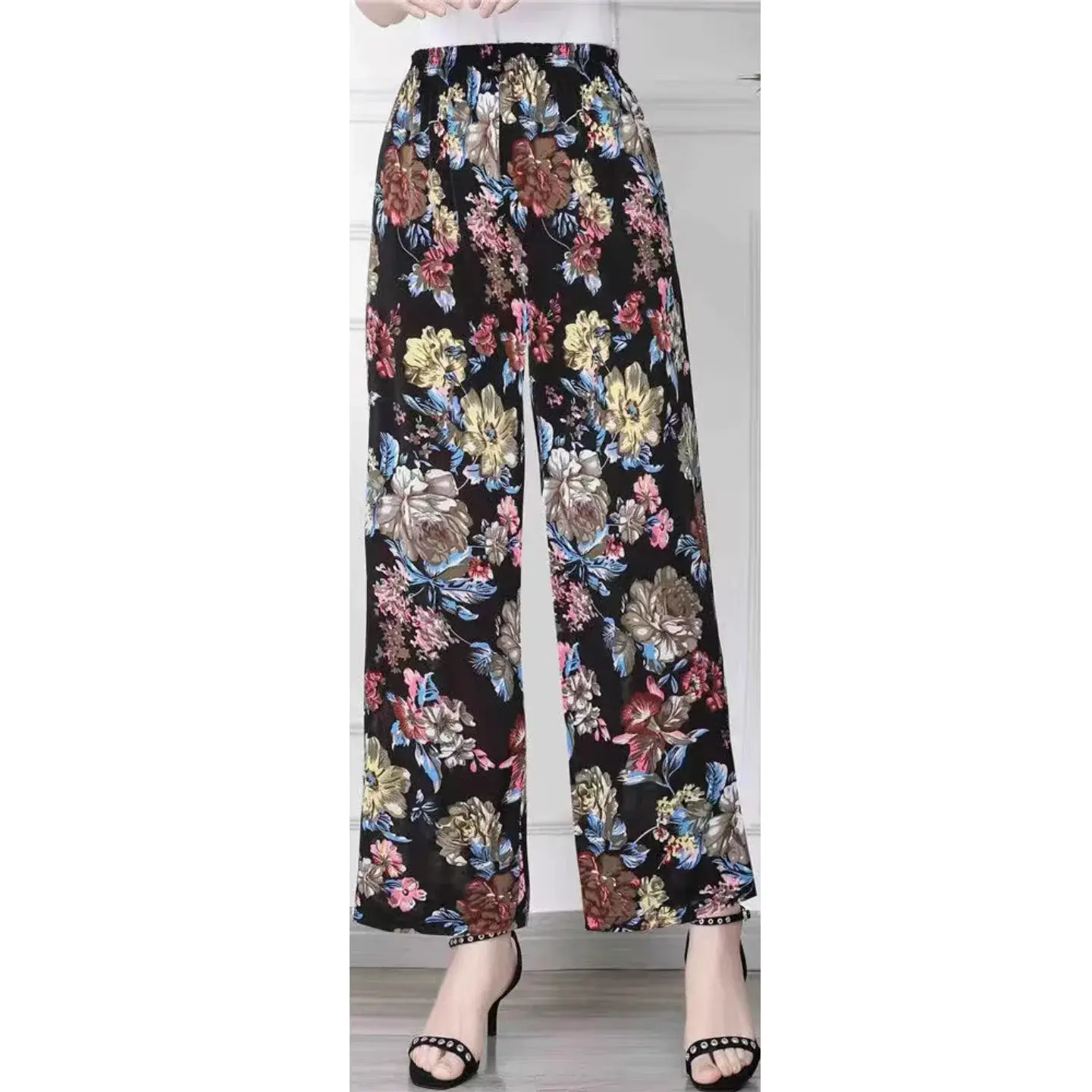 Summer Ice Silk Casual Pants Thin Model Floral Print Women's Fashion Grandma Pants Mom Summer Lightweight Long Trousers