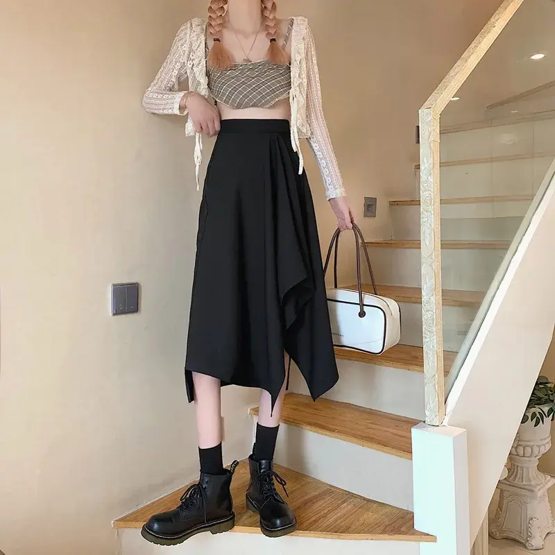 Summer Long Skirt Women's Draped Thin Small Size Irregular High Waist Slit A- Line Skirt Maxi Dress Casual Pure Color