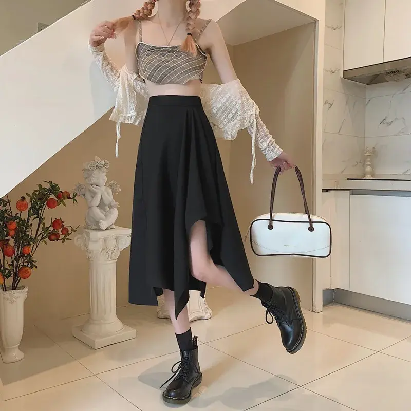 Summer Long Skirt Women's Draped Thin Small Size Irregular High Waist Slit A- Line Skirt Maxi Dress Casual Pure Color