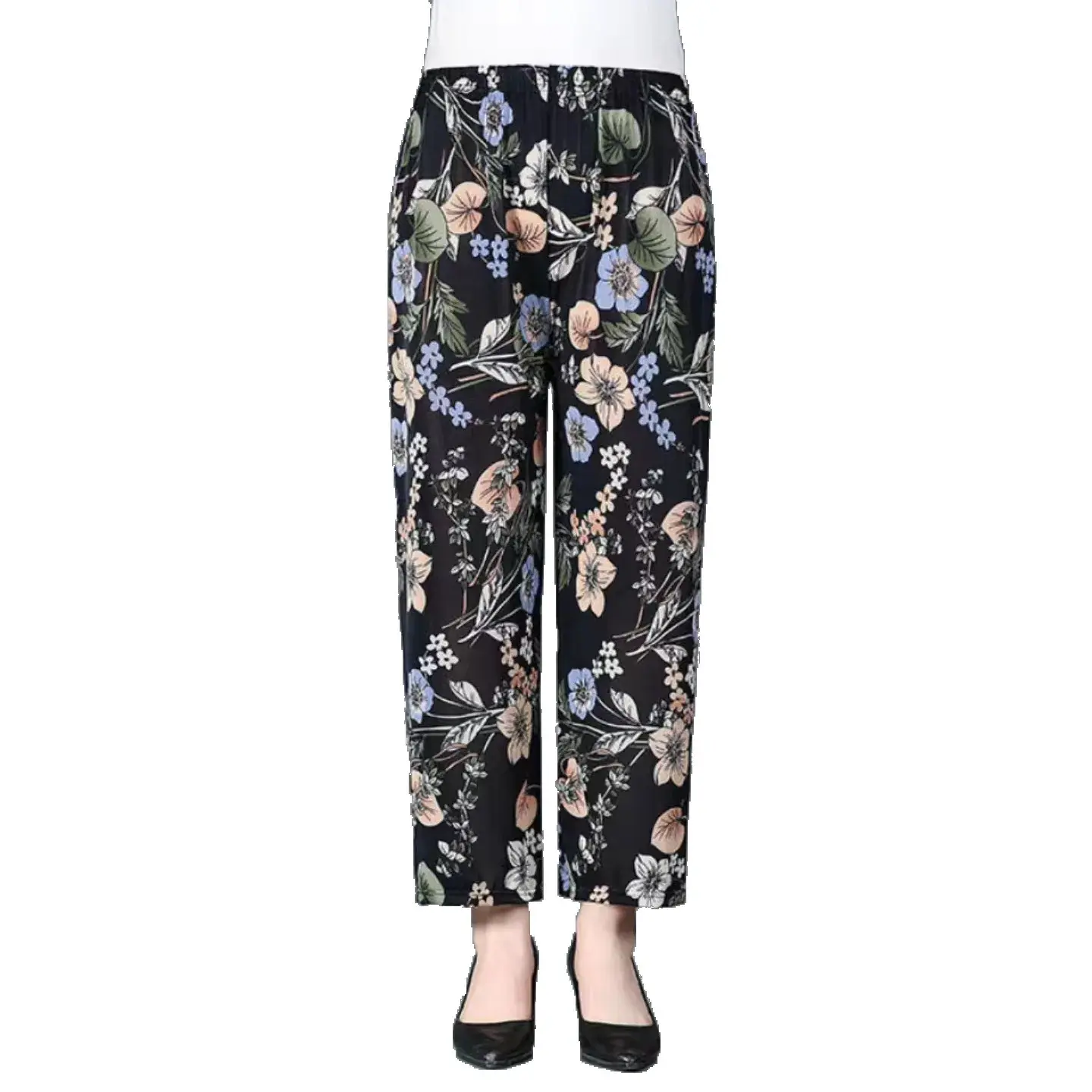 Summer Ice Silk Casual Pants Thin Model Floral Print Women's Fashion Grandma Pants Mom Summer Lightweight Long Trousers