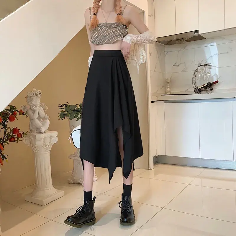 Summer Long Skirt Women's Draped Thin Small Size Irregular High Waist Slit A- Line Skirt Maxi Dress Casual Pure Color