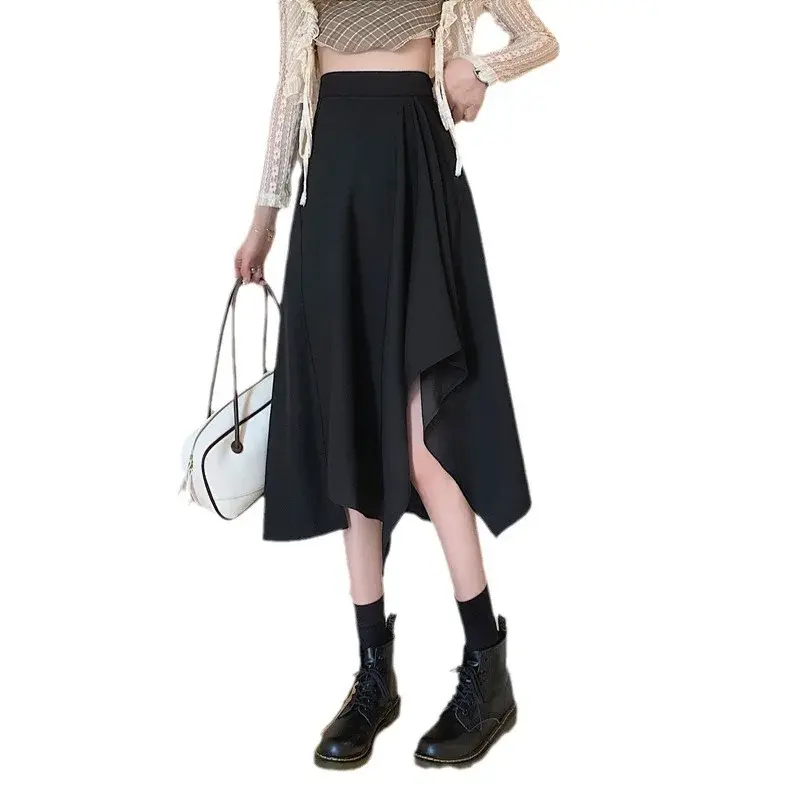 Summer Long Skirt Women's Draped Thin Small Size Irregular High Waist Slit A- Line Skirt Maxi Dress Casual Pure Color