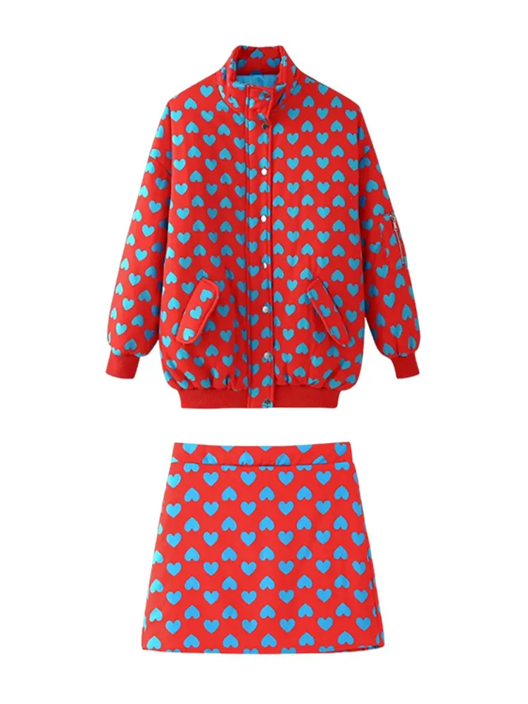 TRAF Women's Fashion Love Printed Skirt Set High Street Warm Cotton Jacket + High Waist Half-body Short Skirt Two Piece Set