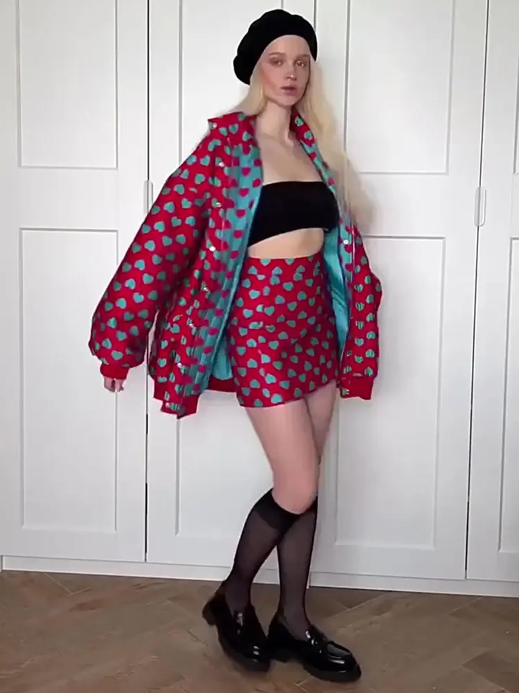 TRAF Women's Fashion Love Printed Skirt Set High Street Warm Cotton Jacket + High Waist Half-body Short Skirt Two Piece Set