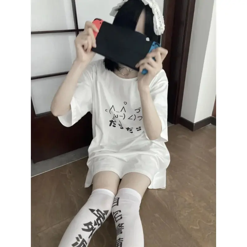 2024 Y2k Aesthetic Summer Loose Cute T-shirt Women Casual O Neck Japanese Cartoon Tops Short Sleeve Kawaii Sweet Harajuku Tees