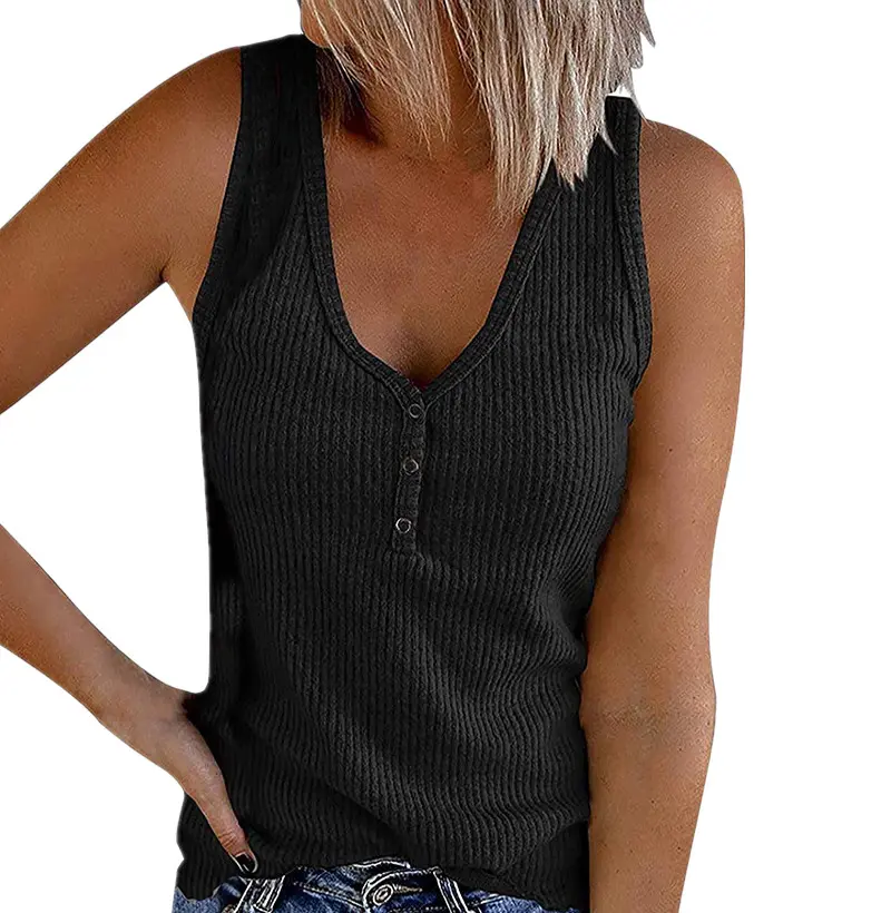 Women's Button Down Tank Top Solid Color V Neck Sleeveless T Shirts Top