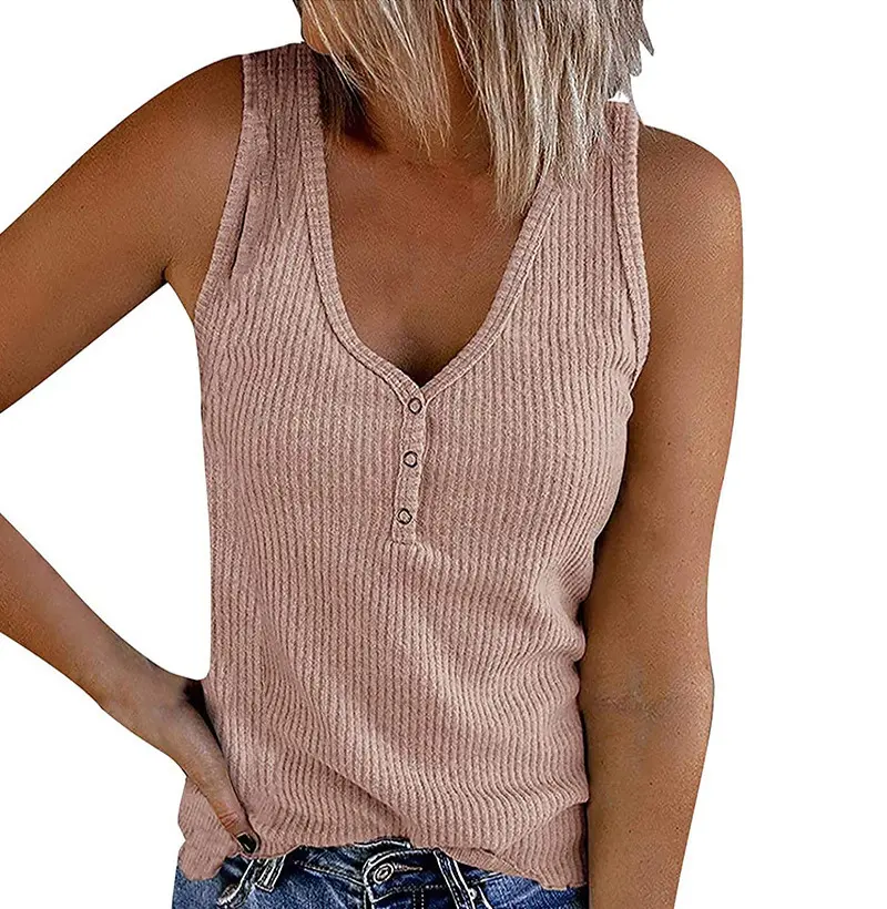 Women's Button Down Tank Top Solid Color V Neck Sleeveless T Shirts Top