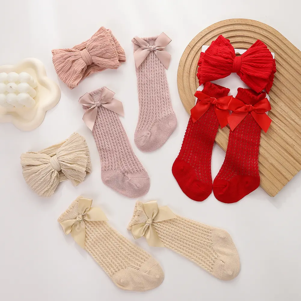 3Pcs/Set Baby Cable Knit Nylon Bows Headbands with Lace Eyelet Socks Double Layers Topknot Long Knee Princess 0-12M Clothing