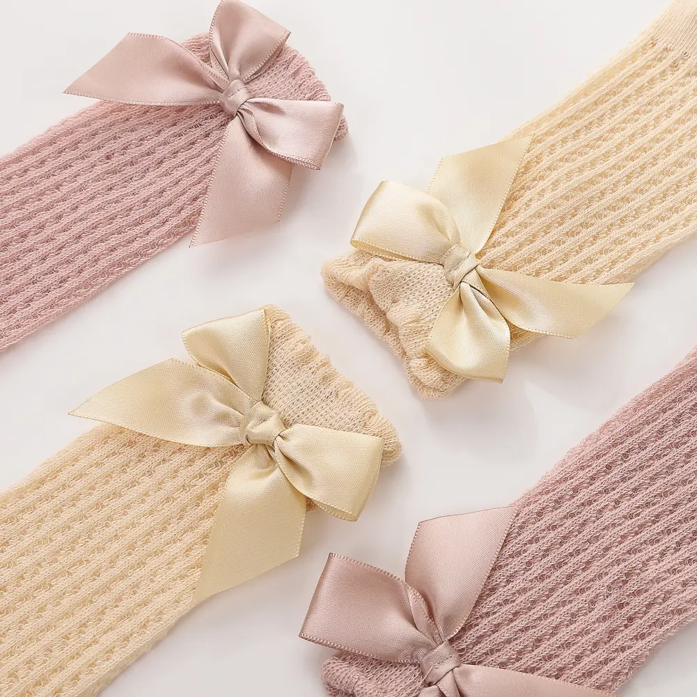 3Pcs/Set Baby Cable Knit Nylon Bows Headbands with Lace Eyelet Socks Double Layers Topknot Long Knee Princess 0-12M Clothing