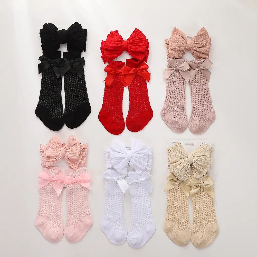 3Pcs/Set Baby Cable Knit Nylon Bows Headbands with Lace Eyelet Socks Double Layers Topknot Long Knee Princess 0-12M Clothing