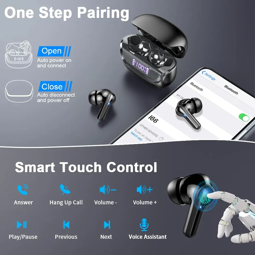 Wireless Earbuds, Bluetooth 5.3 Earbuds Stereo Bass, iNoise Cancelling Mic, Earphones IPX7 Waterproof Sports, 35H Playback.