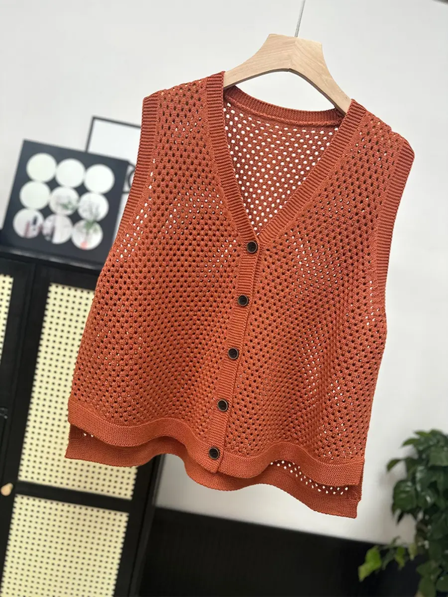 Loose Knitted Cotton Sweater Vest Women's Spring Autumn New Sle V-ne Open Cardigan Bal Breathable Casual Wear