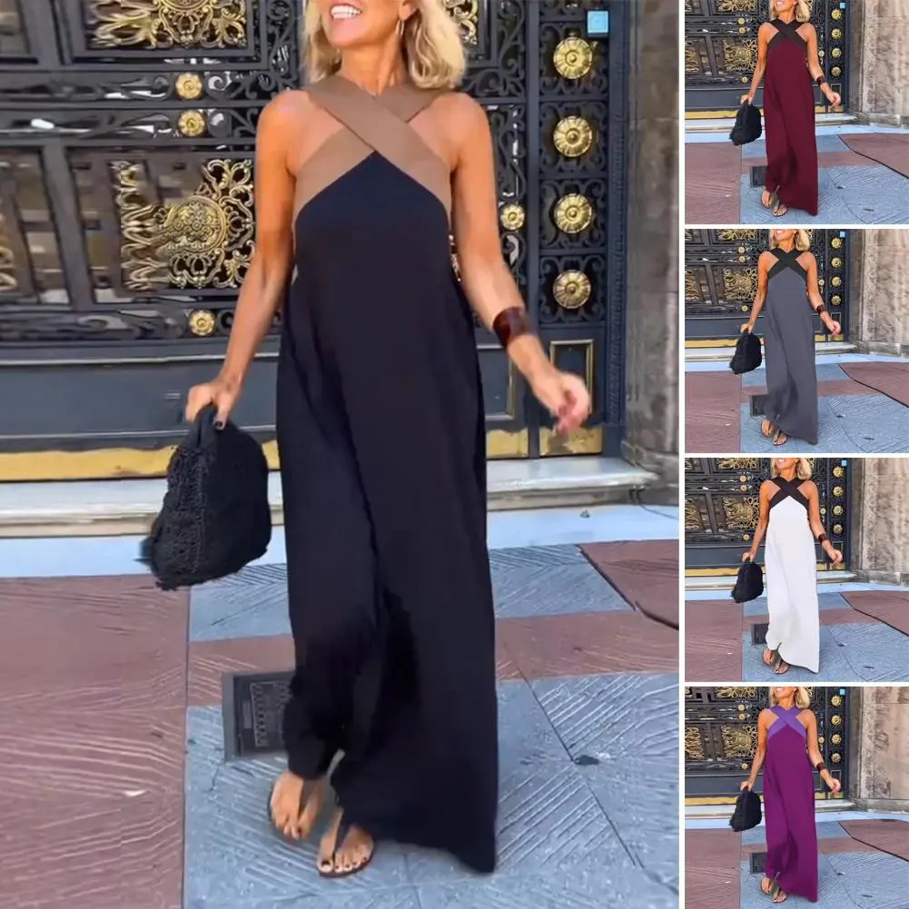 Solid Color Cross-neck Dress Elegant Off-shoulder Maxi Dress for Women Neck Backless Evening Gown with Solid Color for Beach