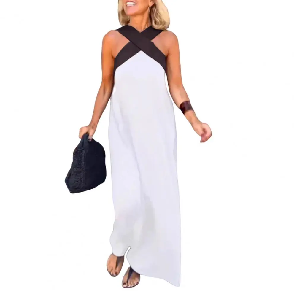 Solid Color Cross-neck Dress Elegant Off-shoulder Maxi Dress for Women Neck Backless Evening Gown with Solid Color for Beach