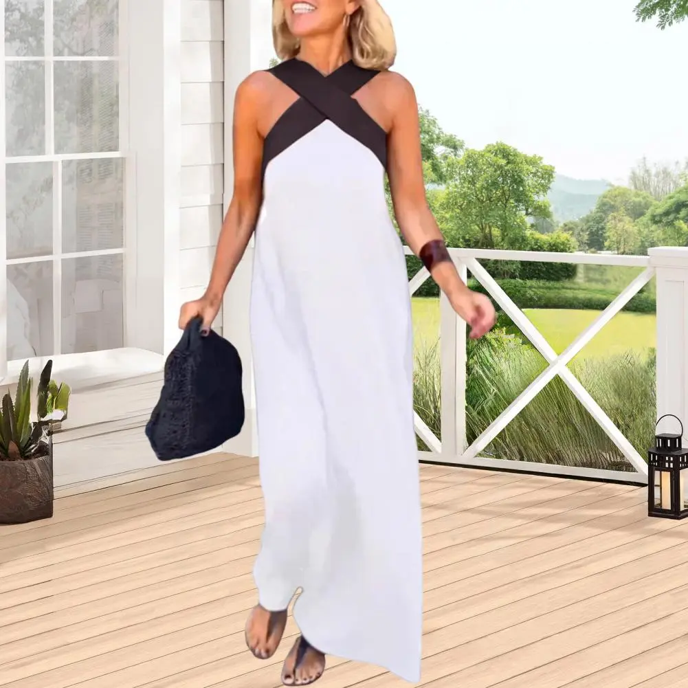 Solid Color Cross-neck Dress Elegant Off-shoulder Maxi Dress for Women Neck Backless Evening Gown with Solid Color for Beach