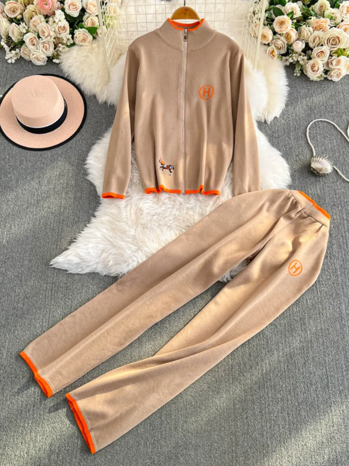 Autumn Winter Zipper Knitted Sweater Cardigan Women's Embroidered Long Sve High Waist Wide Leg Pants Two Piece Set Faion