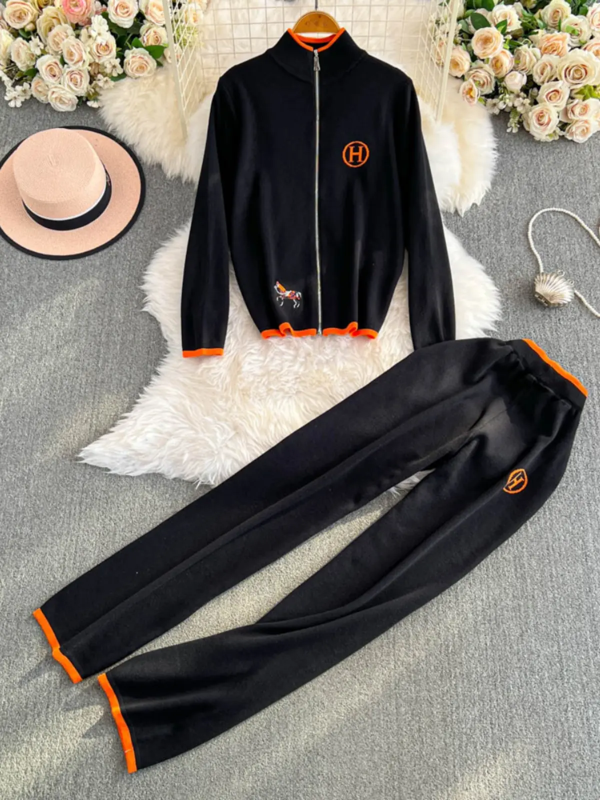 Autumn Winter Zipper Knitted Sweater Cardigan Women's Embroidered Long Sve High Waist Wide Leg Pants Two Piece Set Faion