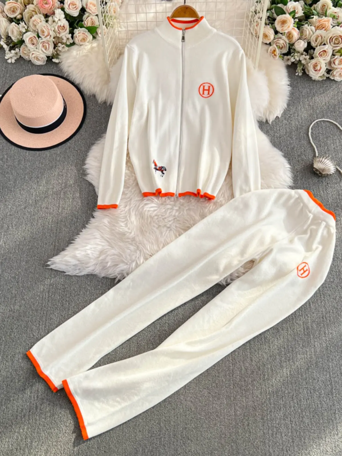 Autumn Winter Zipper Knitted Sweater Cardigan Women's Embroidered Long Sve High Waist Wide Leg Pants Two Piece Set Faion