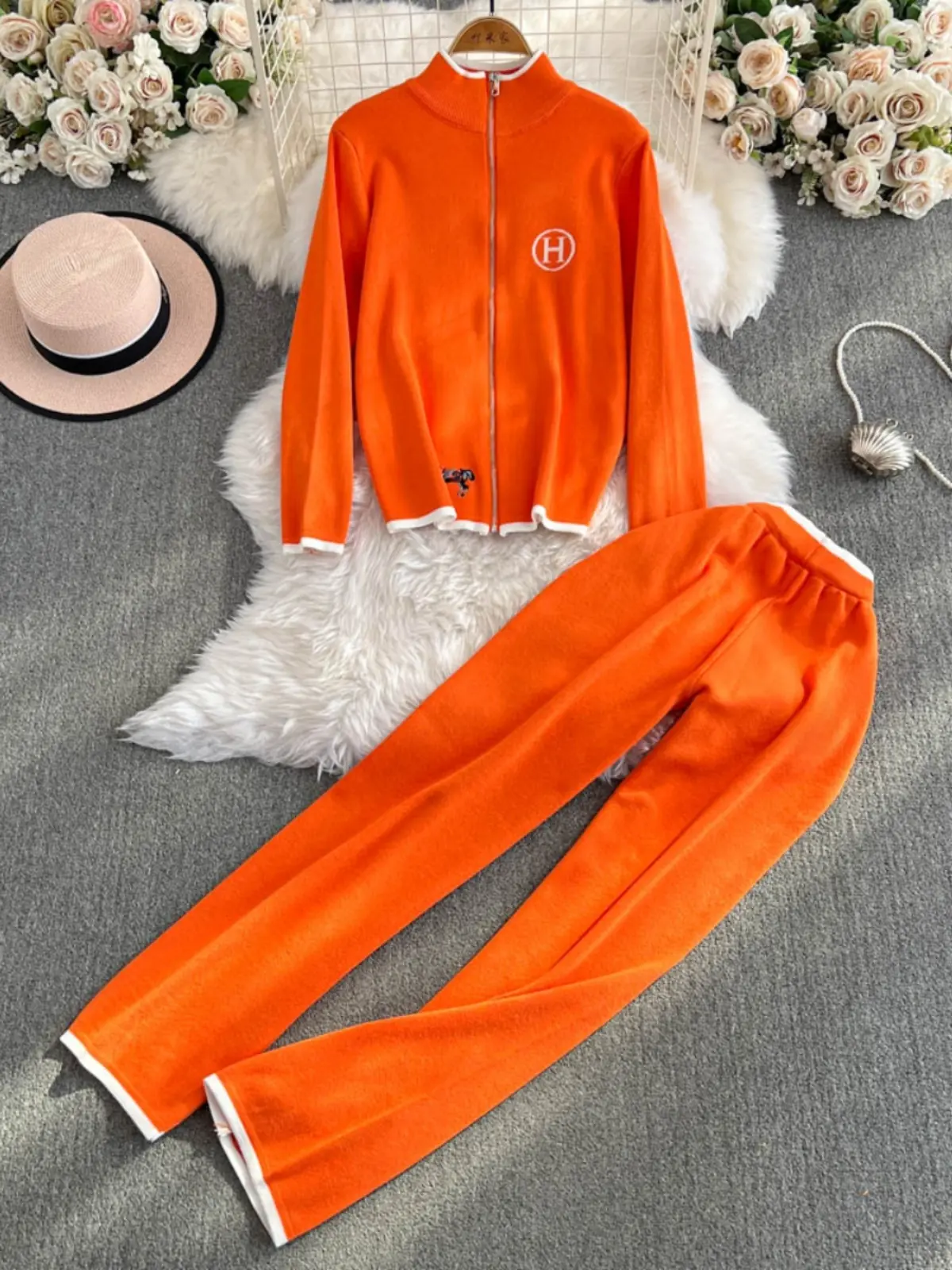 Autumn Winter Zipper Knitted Sweater Cardigan Women's Embroidered Long Sve High Waist Wide Leg Pants Two Piece Set Faion