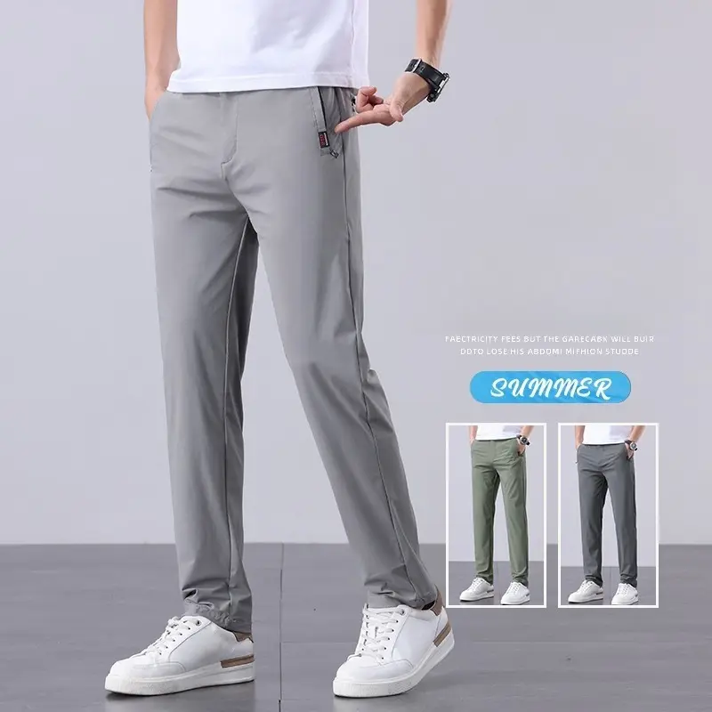 Summer New Men's Ice Silk Pants Korean Y2K All Match Elastic Sweatpants Office Business Casual Fashion Straight Suit Trousers