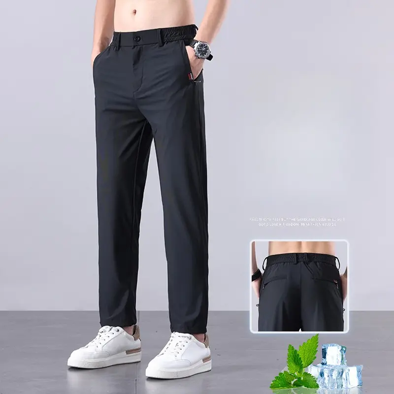 Summer New Men's Ice Silk Pants Korean Y2K All Match Elastic Sweatpants Office Business Casual Fashion Straight Suit Trousers