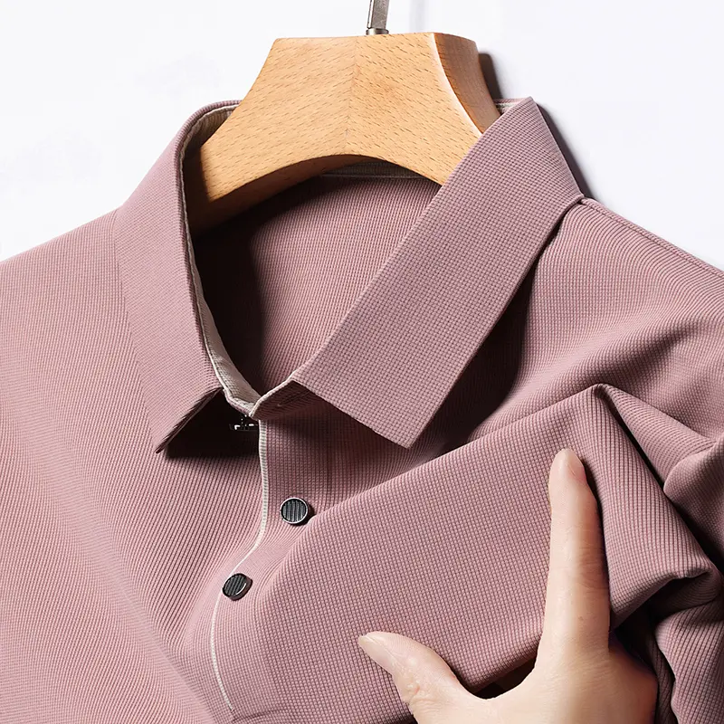 Fashionable ice silk polo shirt men's half sleeved casual top middle-aged lapel pullover solid color short sleeved men's T-shirt