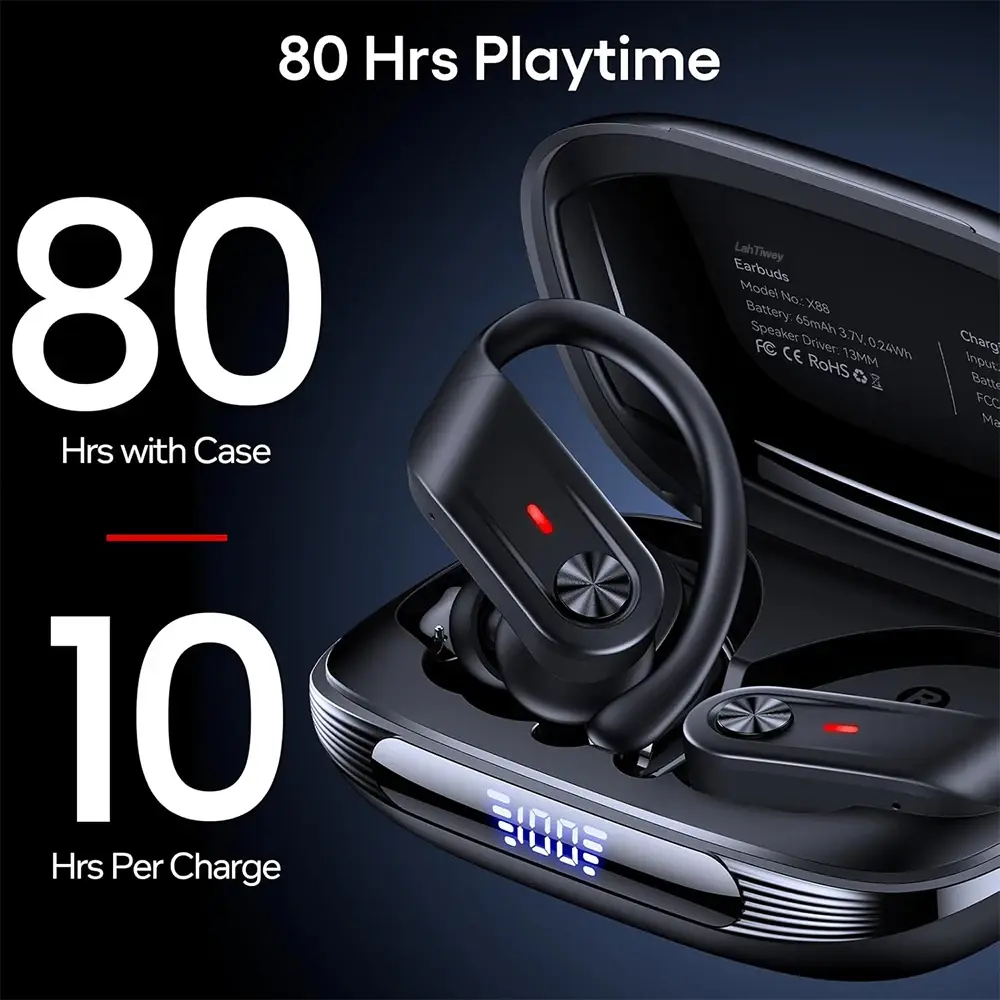 Bluetooth V5.3 Waterproof Headphones IPX7 with Noise Cancelling Mic Wireless Earbuds 80Hrs Playtime for iOS & Android Phones
