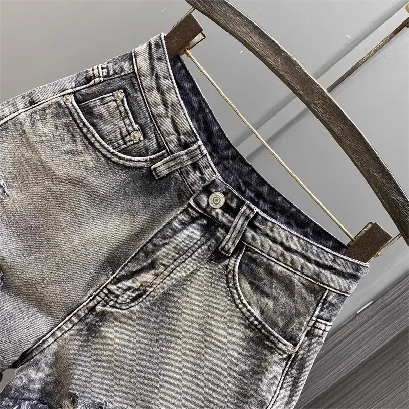 Worn Legs with Rough Edges Washed Black Denim Shorts 2025 Summer New Women Fashion A-line Wide Leg Hole Ripped Denim Shorts
