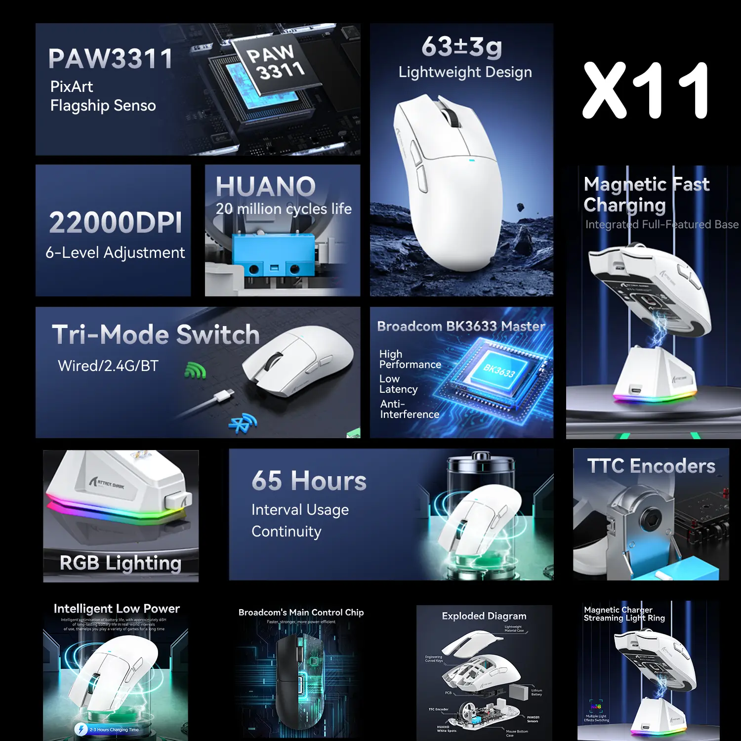 Attack Shark X11 X6 X3 R1 Wireless Gaming Mouse, RGB, Ergonomic, Ultra-Light, Tri-Mode, Macro, PAW3395/PAW3311, 26000 DPI