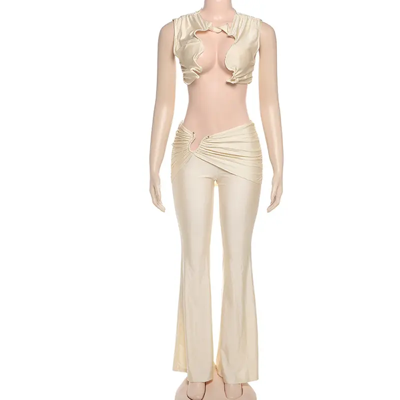 VEITCHE Summer Womens Two Piece Set Chic Y2K Hollow Sliky Tank Tops+Shirring Pants Female Trend Sexy Street Matching Suits