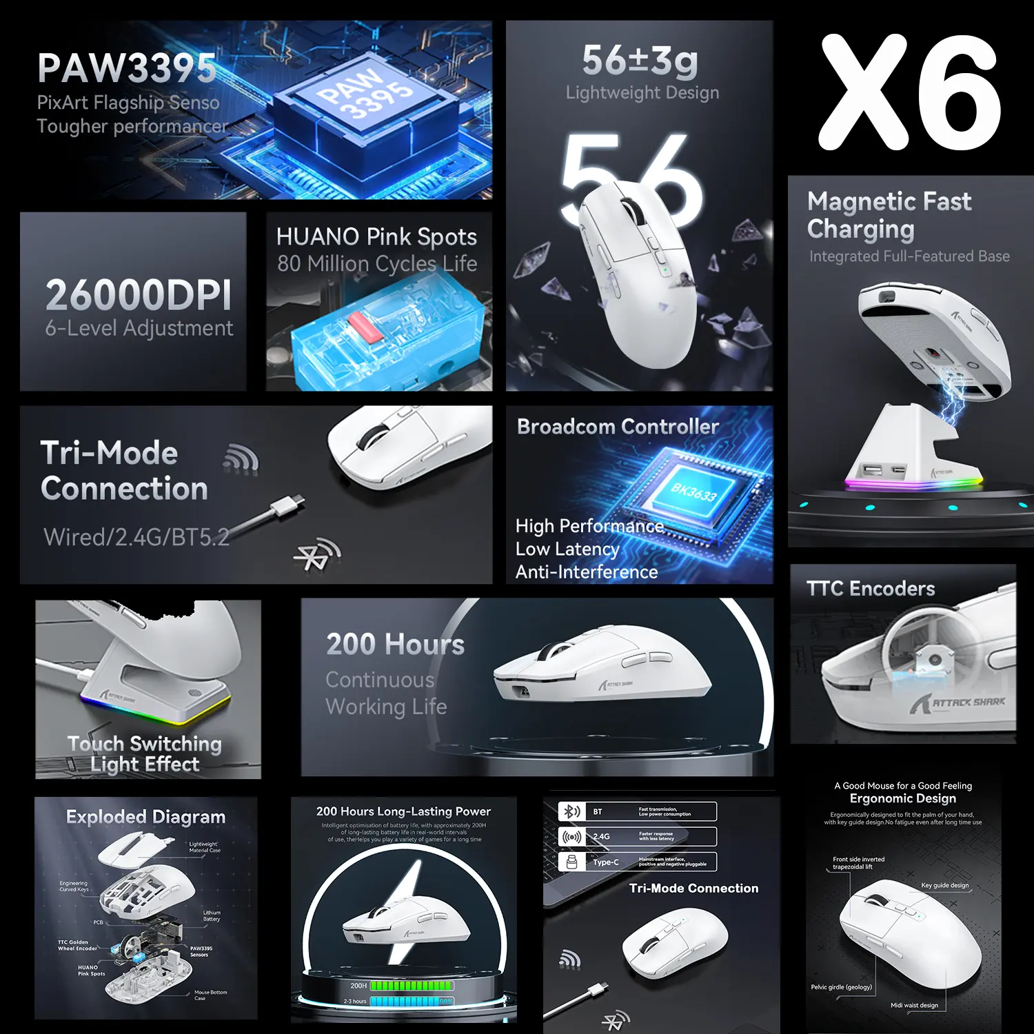Attack Shark X11 X6 X3 R1 Wireless Gaming Mouse, RGB, Ergonomic, Ultra-Light, Tri-Mode, Macro, PAW3395/PAW3311, 26000 DPI