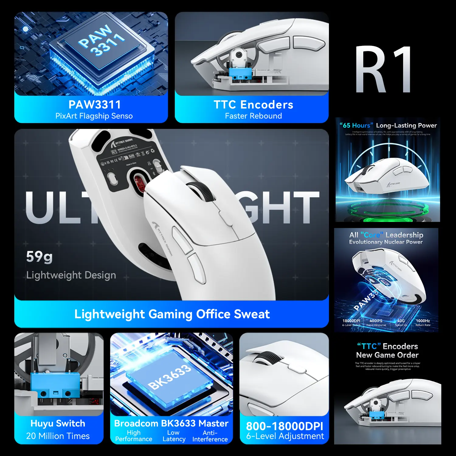Attack Shark X11 X6 X3 R1 Wireless Gaming Mouse, RGB, Ergonomic, Ultra-Light, Tri-Mode, Macro, PAW3395/PAW3311, 26000 DPI
