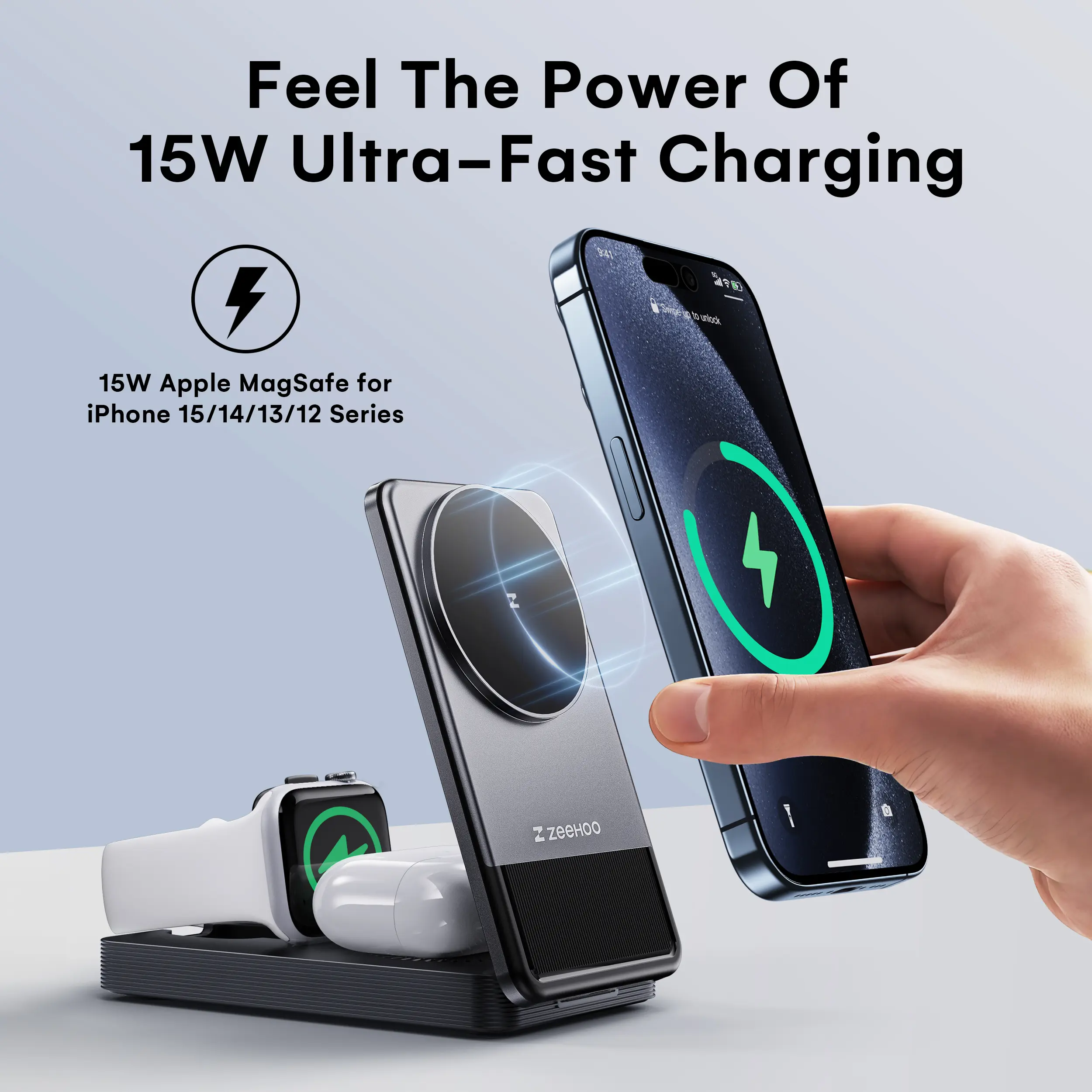 ZEEHOO 3-In-1 Portable Charging Station, 15W Fast Wireless Charger Stand, Foldable Multiple Wireless Charger For IPhone 15/14/13