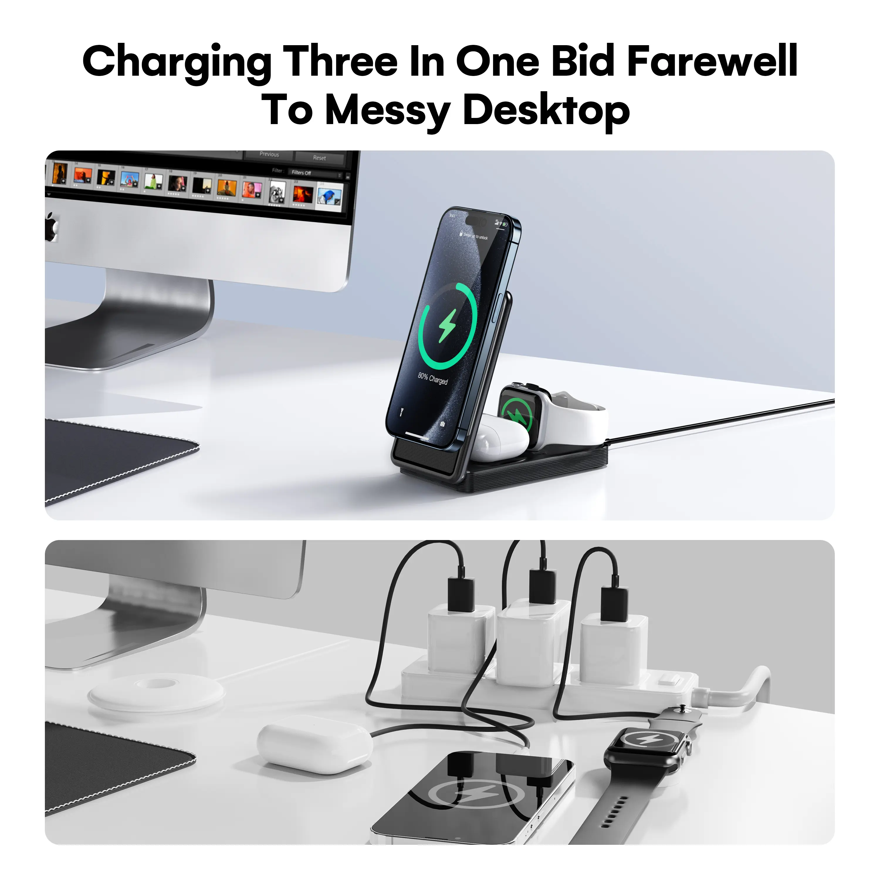ZEEHOO 3-In-1 Portable Charging Station, 15W Fast Wireless Charger Stand, Foldable Multiple Wireless Charger For IPhone 15/14/13