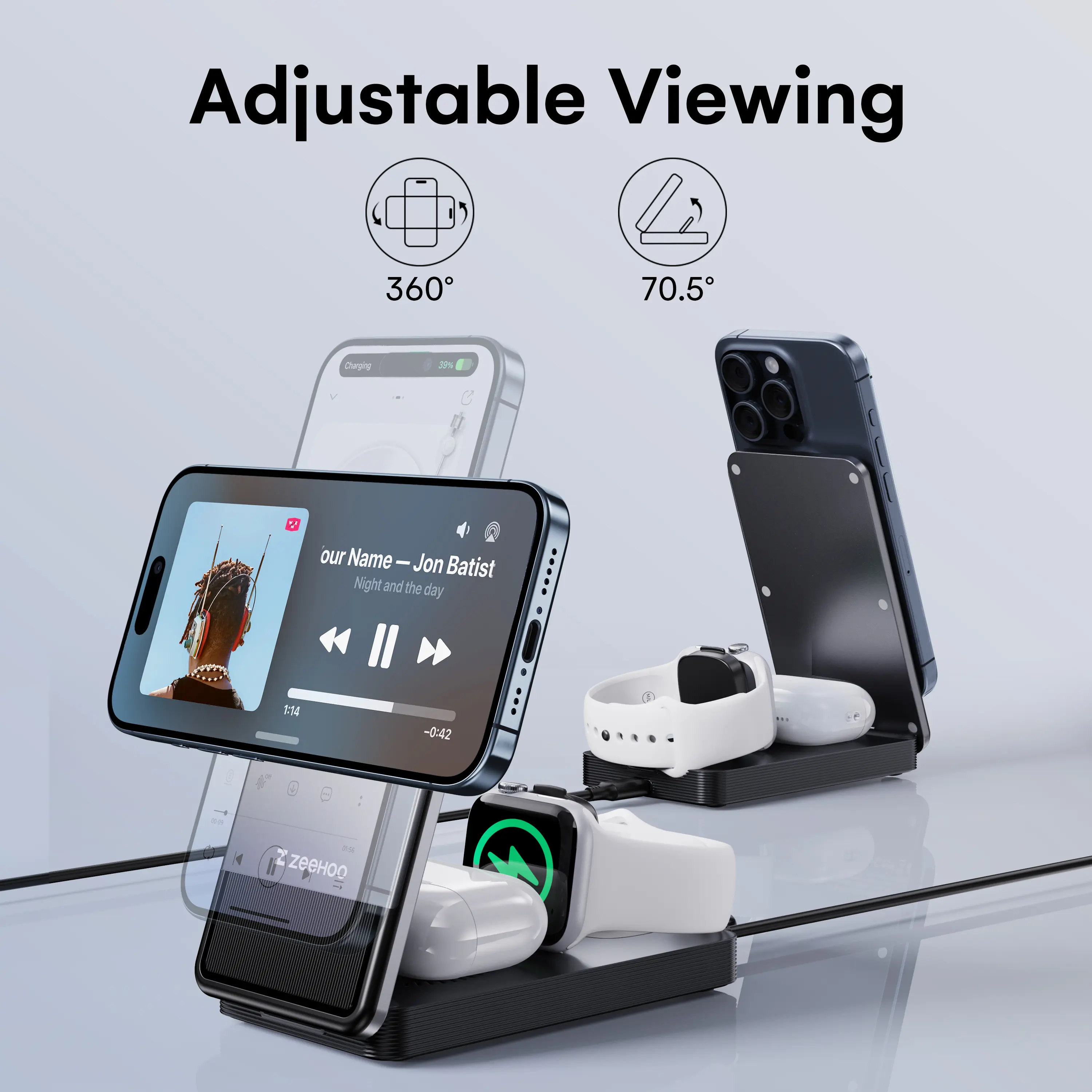 ZEEHOO 3-In-1 Portable Charging Station, 15W Fast Wireless Charger Stand, Foldable Multiple Wireless Charger For IPhone 15/14/13