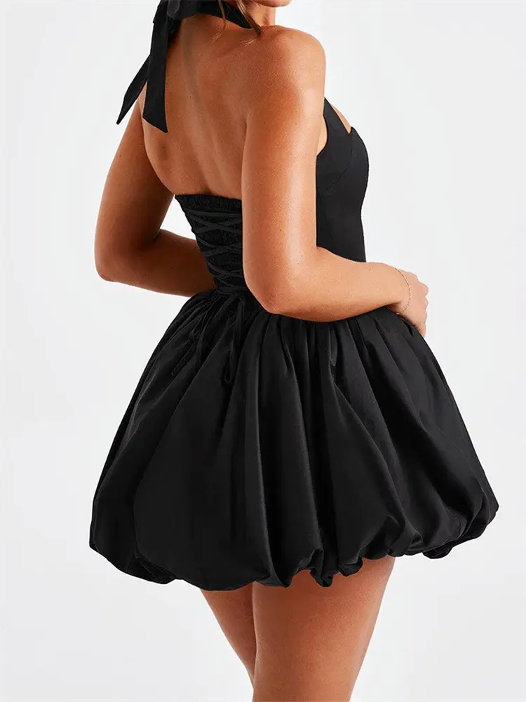Women Halter Dress Summer Tie up Sleeveless Backless Corset Bubble Dress for Party Evening Club Streetwear