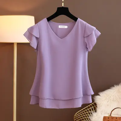 Women's Summer New V-ne Loose Big Size ort-sve Chiffon T-irt Base irt Faionable Belly Concealing Korean Sle