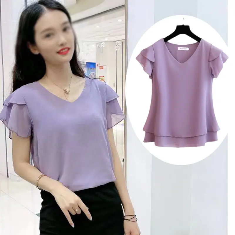 Women's Summer New V-ne Loose Big Size ort-sve Chiffon T-irt Base irt Faionable Belly Concealing Korean Sle