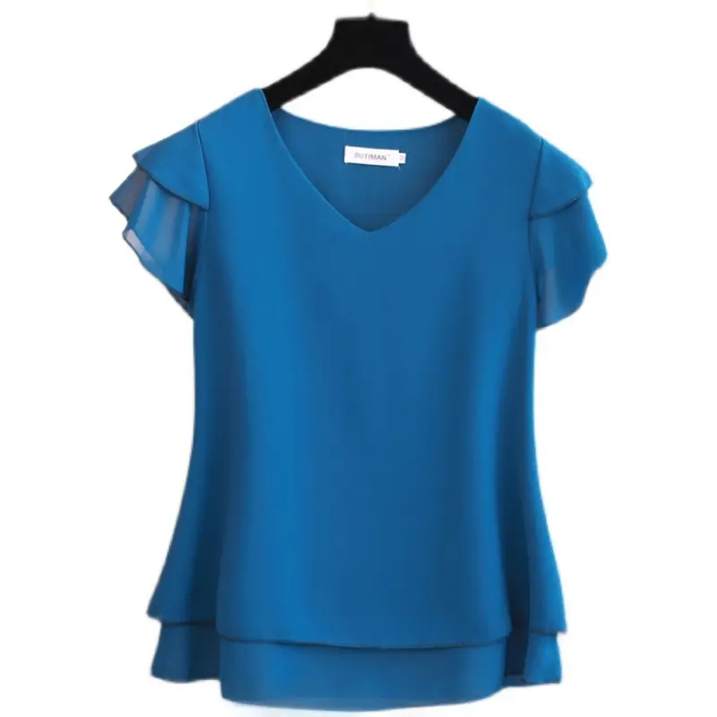 Women's Summer New V-ne Loose Big Size ort-sve Chiffon T-irt Base irt Faionable Belly Concealing Korean Sle
