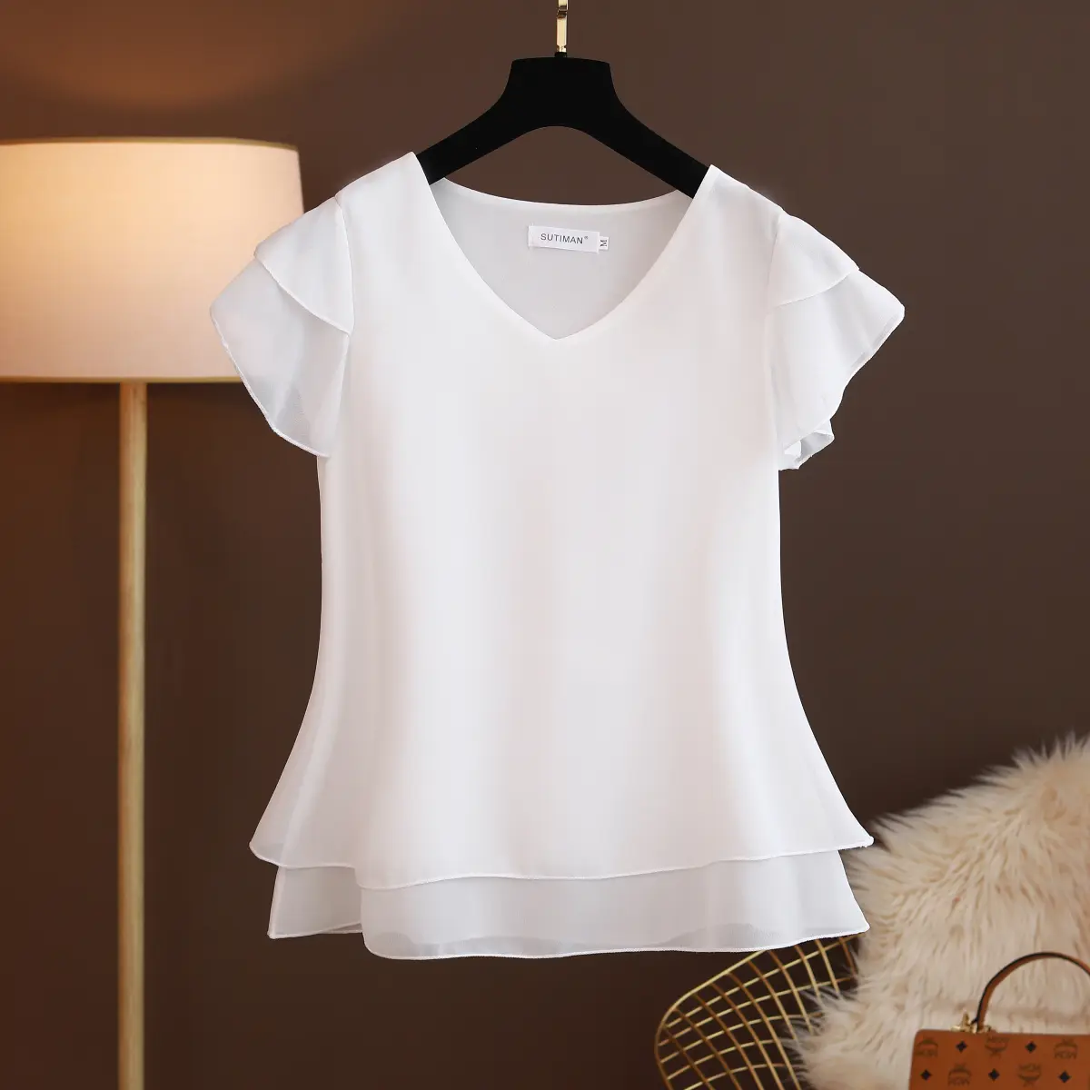 Women's Summer New V-ne Loose Big Size ort-sve Chiffon T-irt Base irt Faionable Belly Concealing Korean Sle