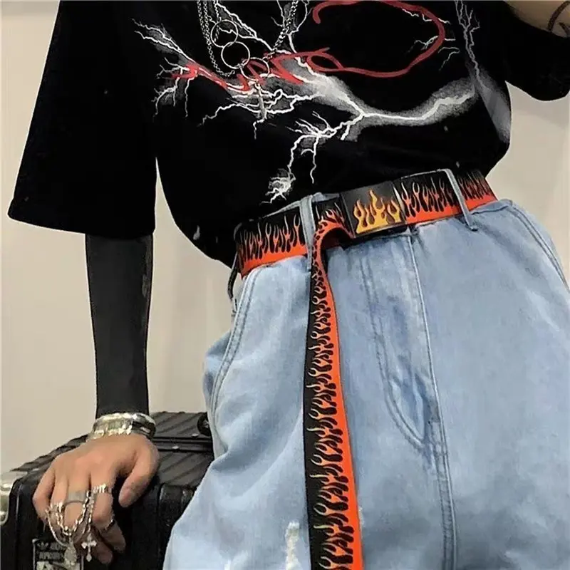 Punk Style Flame Belt - Trendy Hip-hop Street Bad Boy Personality Decoration Durable for Both Men and Women Trendy Eyelet Belt