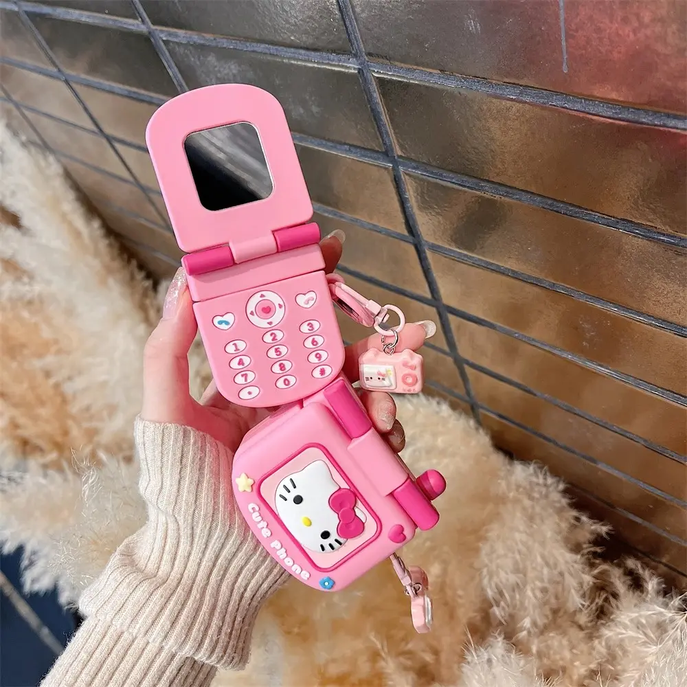 For AirPods 4 3 2 1 Pro Pro2 Earphone Case 3D Hello Kitty Retro CellPhone Silicone Cartoon Headphone Box With Mirror KT Cover